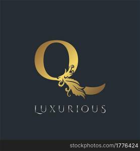 Golden Luxurious Initial Letter Q Logo, Vector design ornate swirl nature floral concept for luxury brand identity.