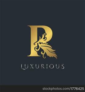 Golden Luxurious Initial Letter R Logo, Vector design ornate swirl nature floral concept for luxury brand identity.