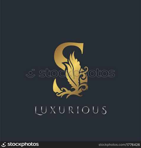 Golden Luxurious Initial Letter S Logo, Vector design ornate swirl nature floral concept for luxury brand identity.