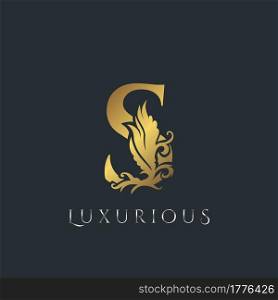 Golden Luxurious Initial Letter S Logo, Vector design ornate swirl nature floral concept for luxury brand identity.