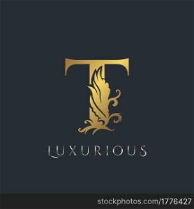 Golden Luxurious Initial Letter T Logo, Vector design ornate swirl nature floral concept for luxury brand identity.