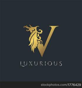 Golden Luxurious Initial Letter V Logo, Vector design ornate swirl nature floral concept for luxury brand identity.
