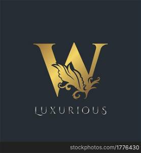 Golden Luxurious Initial Letter W Logo, Vector design ornate swirl nature floral concept for luxury brand identity.