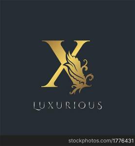 Golden Luxurious Initial Letter X Logo, Vector design ornate swirl nature floral concept for luxury brand identity.