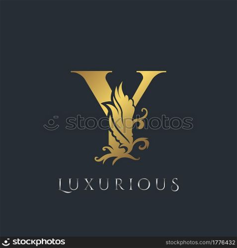 Golden Luxurious Initial Letter Y Logo, Vector design ornate swirl nature floral concept for luxury brand identity.