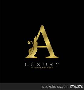 Golden Luxury Feather Initial Letter A Logo Icon, creative alphabet vector design concept for luxuries business.