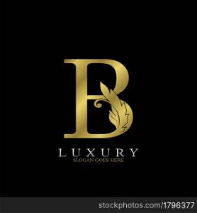 Golden Luxury Feather Initial Letter B Logo Icon, creative alphabet vector design concept for luxuries business.