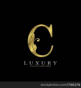 Golden Luxury Feather Initial Letter C Logo Icon, creative alphabet vector design concept for luxuries business.