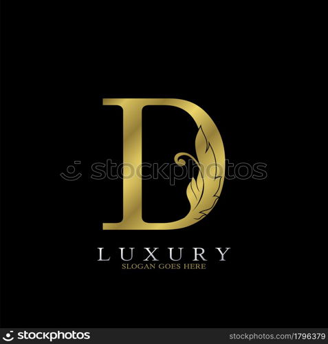 Golden Luxury Feather Initial Letter D Logo Icon, creative alphabet vector design concept for luxuries business.