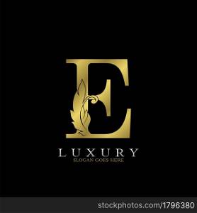 Golden Luxury Feather Initial Letter E Logo Icon, creative alphabet vector design concept for luxuries business.