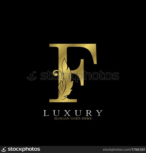 Golden Luxury Feather Initial Letter F Logo Icon, creative alphabet vector design concept for luxuries business.