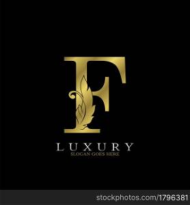Golden Luxury Feather Initial Letter F Logo Icon, creative alphabet vector design concept for luxuries business.