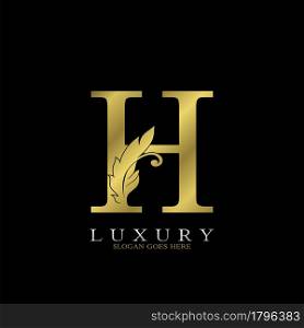 Golden Luxury Feather Initial Letter H Logo Icon, creative alphabet vector design concept for luxuries business.
