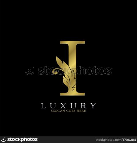 Golden Luxury Feather Initial Letter I Logo Icon, creative alphabet vector design concept for luxuries business.