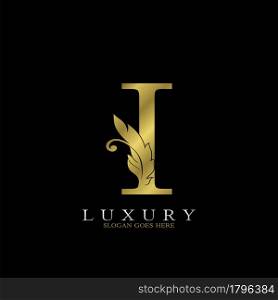 Golden Luxury Feather Initial Letter I Logo Icon, creative alphabet vector design concept for luxuries business.
