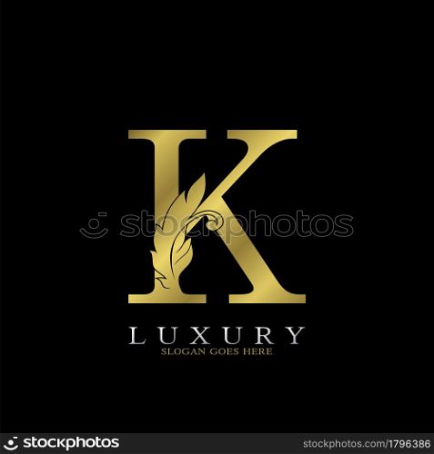 Golden Luxury Feather Initial Letter K Logo Icon, creative alphabet vector design concept for luxuries business.