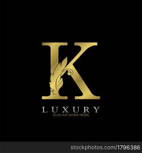 Golden Luxury Feather Initial Letter K Logo Icon, creative alphabet vector design concept for luxuries business.