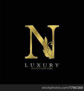 Golden Luxury Feather Initial Letter N Logo Icon, creative alphabet vector design concept for luxuries business.