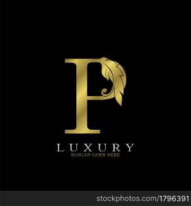 Golden Luxury Feather Initial Letter P Logo Icon, creative alphabet vector design concept for luxuries business.