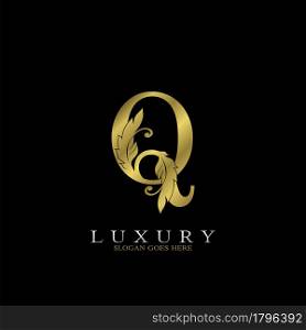 Golden Luxury Feather Initial Letter Q Logo Icon, creative alphabet vector design concept for luxuries business.