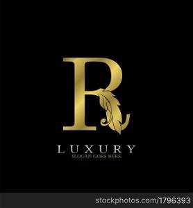 Golden Luxury Feather Initial Letter R Logo Icon, creative alphabet vector design concept for luxuries business.