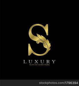 Golden Luxury Feather Initial Letter S Logo Icon, creative alphabet vector design concept for luxuries business.