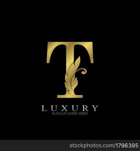 Golden Luxury Feather Initial Letter T Logo Icon, creative alphabet vector design concept for luxuries business.