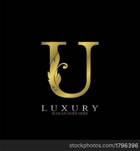 Golden Luxury Feather Initial Letter U Logo Icon, creative alphabet vector design concept for luxuries business.