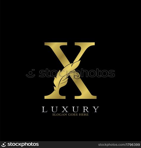Golden Luxury Feather Initial Letter X Logo Icon, creative alphabet vector design concept for luxuries business.