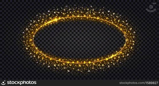 Golden luxury frame with glowing sparkles and shiny luminous stardust. Gold border with shiny light flare effect. Isolated on dark transparent background, vector illustration