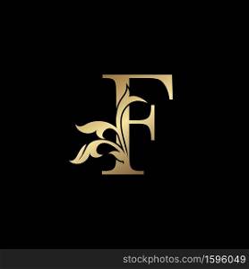 Golden Luxury Letter F Initial Logo Icon Template Design. Monogram ornate nature floral leaf with initial letter gold color for luxuries business identity.