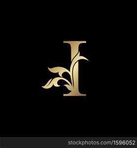 Golden Luxury Letter I Initial Logo Icon Template Design. Monogram ornate nature floral leaf with initial letter gold color for luxuries business identity.