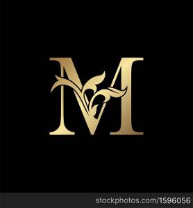 Golden Luxury Letter M Initial Logo Icon Template Design. Monogram ornate nature floral leaf with initial letter gold color for luxuries business identity.