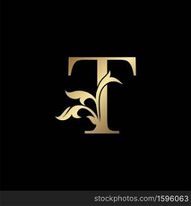 Golden Luxury Letter T Initial Logo Icon Template Design. Monogram ornate nature floral leaf with initial letter gold color for luxuries business identity.