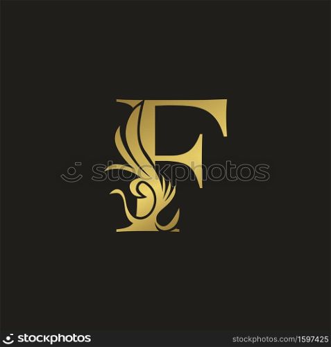 Golden Luxury Swirl Ornate Initial Letter F logo icon, vector letter with ornate swirl deco clip art template design.