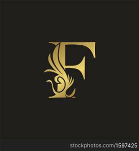 Golden Luxury Swirl Ornate Initial Letter F logo icon, vector letter with ornate swirl deco clip art template design.