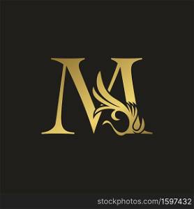Golden Luxury Swirl Ornate Initial Letter M logo icon, vector letter with ornate swirl deco clip art template design.
