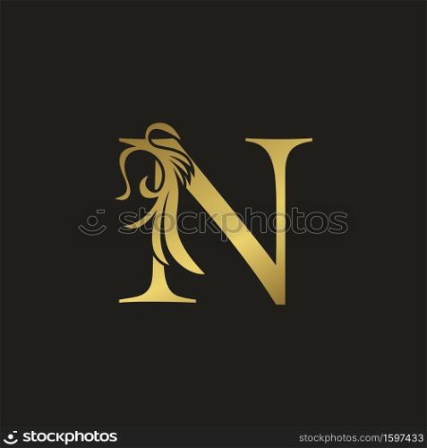 Golden Luxury Swirl Ornate Initial Letter N logo icon, vector letter with ornate swirl deco clip art template design.
