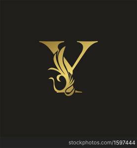 Golden Luxury Swirl Ornate Initial Letter Y logo icon, vector letter with ornate swirl deco clip art template design.