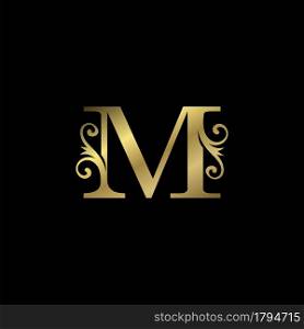 Golden M Initial Letter luxury logo icon, vintage luxurious vector design concept alphabet letter for luxuries business.