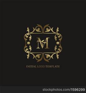 Golden M Initial logo. Frame emblem ampersand deco ornament monogram luxury logo template for wedding or more luxuries identity