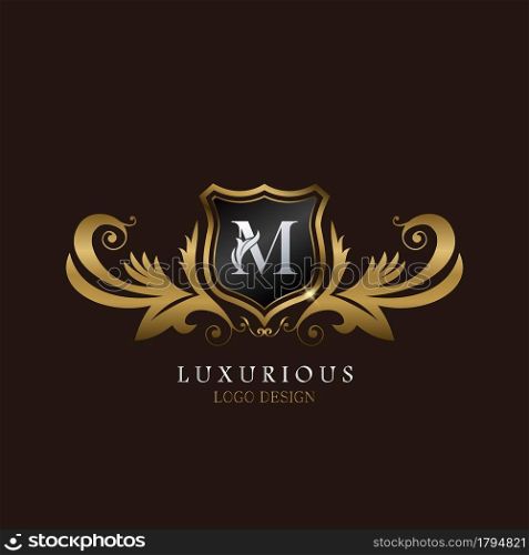 Golden M Logo Luxurious Shield, creative vector design for luxury brand identity.