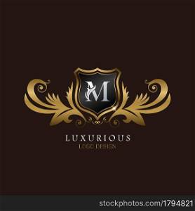 Golden M Logo Luxurious Shield, creative vector design for luxury brand identity.