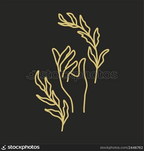 Golden magical decoration hand with leaves vector illustration. Ritual witchcraft image on black background. Line contour symbols. Golden magical decoration hand with leaves vector illustration