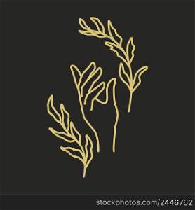 Golden magical decoration hand with leaves vector illustration. Ritual witchcraft image on black background. Line contour symbols. Golden magical decoration hand with leaves vector illustration