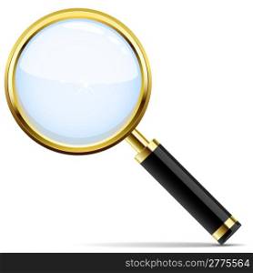 Golden magnifying glass vector icon isolated on white.