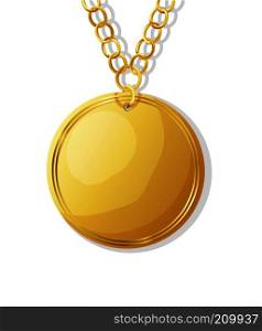 Golden medal and chain over white background