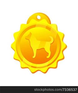 Golden medal for dog, prize for ch&ion and leader, rounded shaped golden medal with dog image, vector illustration isolated on white background. Golden Medal for Dog Rounded Vector Illustration