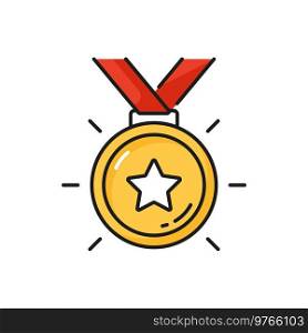 Golden medal on red ribbon color outline icon with golden medal on ribbon. Competition victory, business and work achievement, leadership prize thin line vector icon or pictogram. Golden medal on red ribbon color outline icon