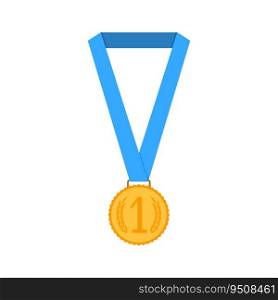 Golden medal with ribbon isolated. Award ribbon, golden prize, medallion ch&ion, vector illustration. Golden medal with ribbon isolated
